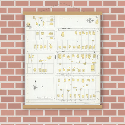 Old map wall art mockup — magnetic wood frame on brick wall — Sanborn Fire Insurance Map from Clayton, Gloucester County, New Jersey (1900), Sheet #0002