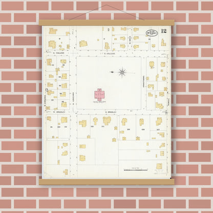 Old map wall art mockup — magnetic wood frame on brick wall — Sanborn Fire Insurance Map from McKinney, Collin County, Texas (1908), Sheet #0012