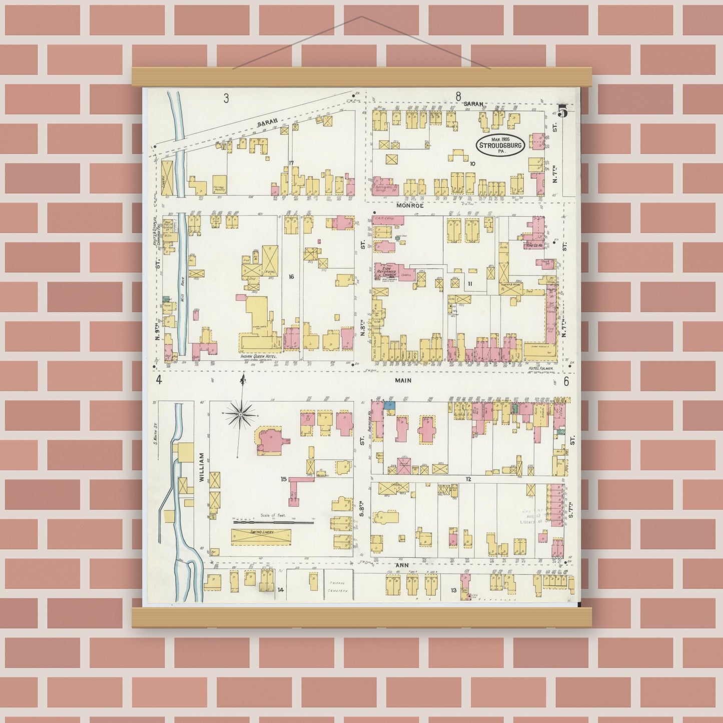 Old map wall art mockup — magnetic wood frame on brick wall — Sanborn Fire Insurance Map from Stroudsburg, Monroe County, Pennsylvania (1905), Sheet #0005