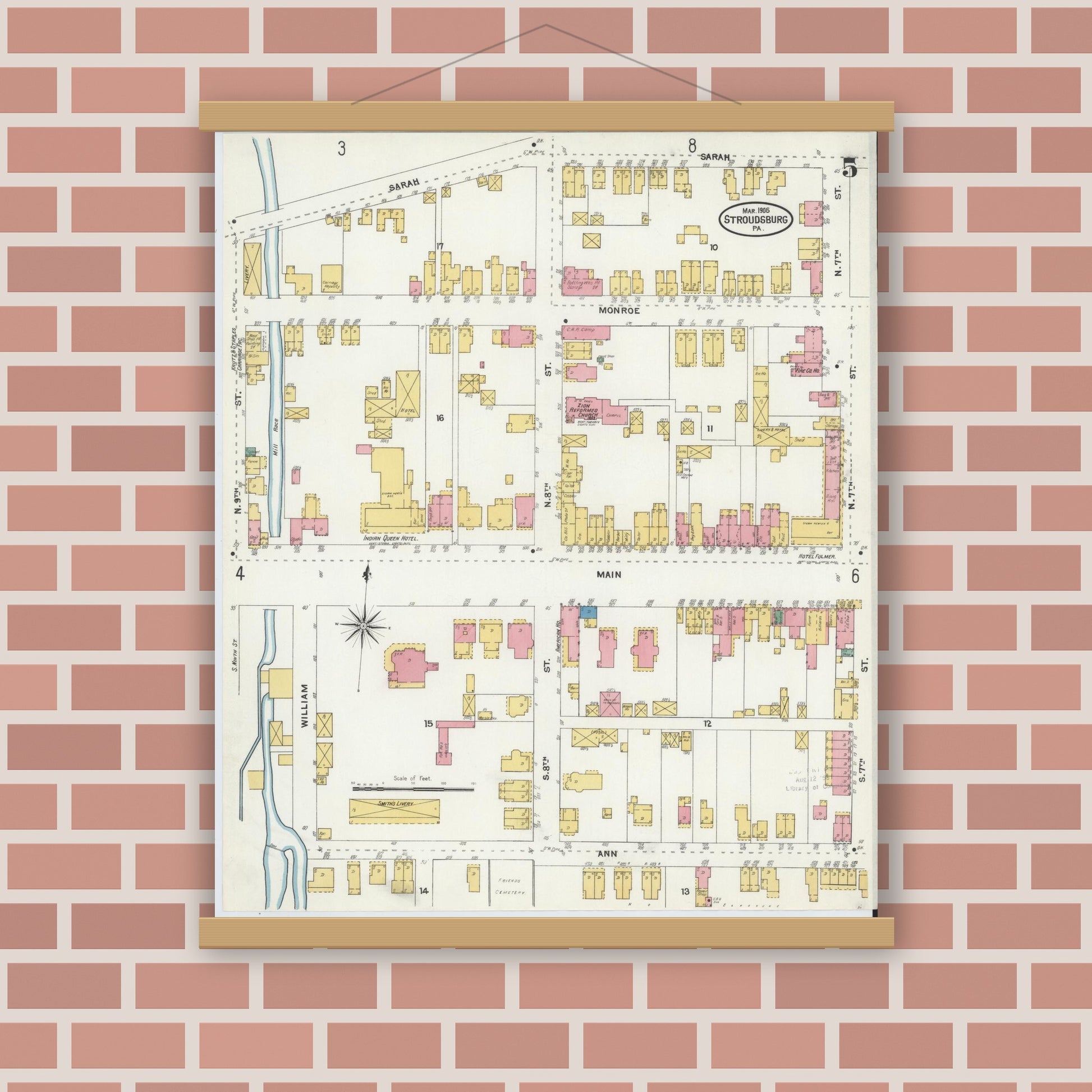 Old map wall art mockup — magnetic wood frame on brick wall — Sanborn Fire Insurance Map from Stroudsburg, Monroe County, Pennsylvania (1905), Sheet #0005