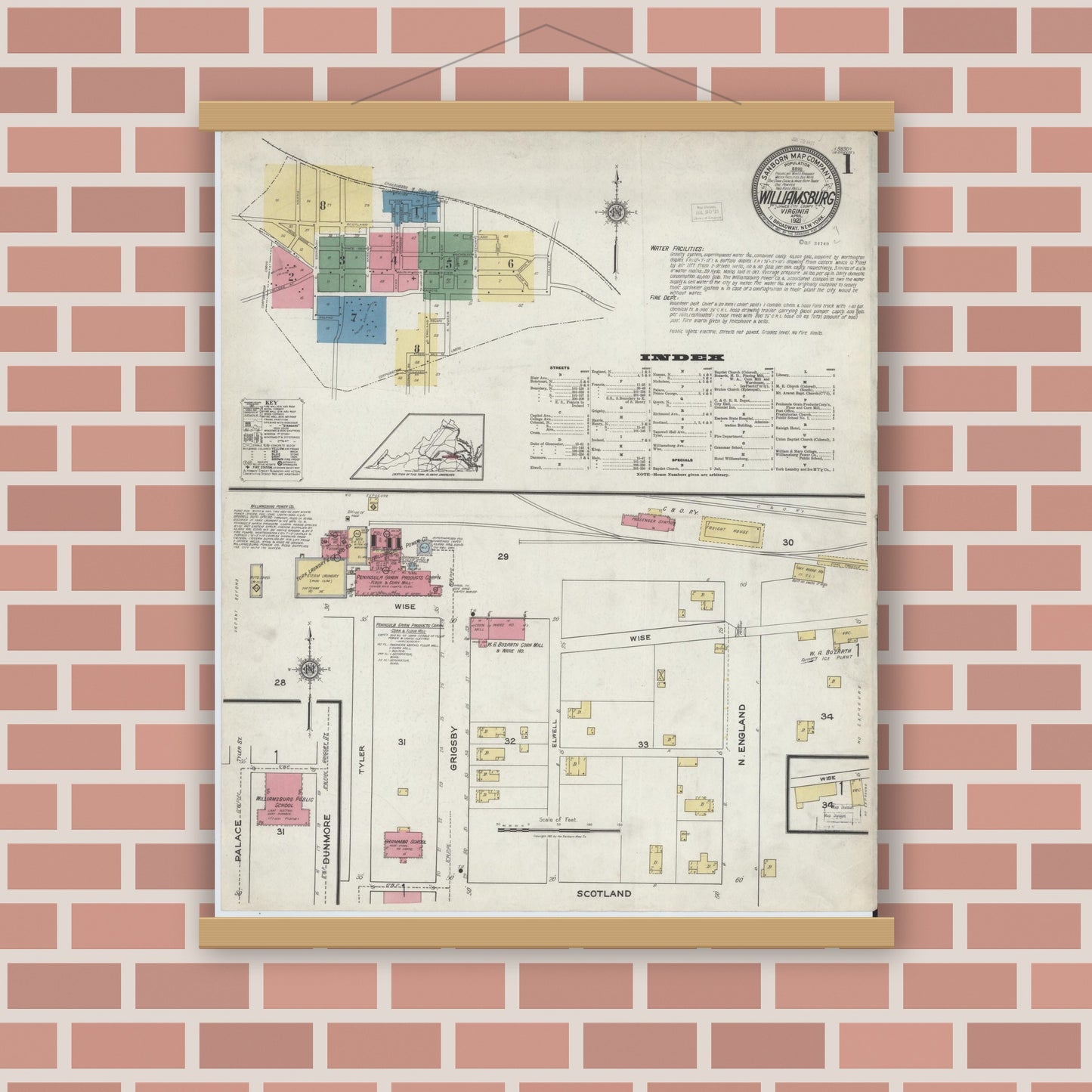 Old map wall art mockup — magnetic wood frame on brick wall — Sanborn Fire Insurance Map from Williamsburg, Independent Cities, Virginia (1921) - Complete Map Set