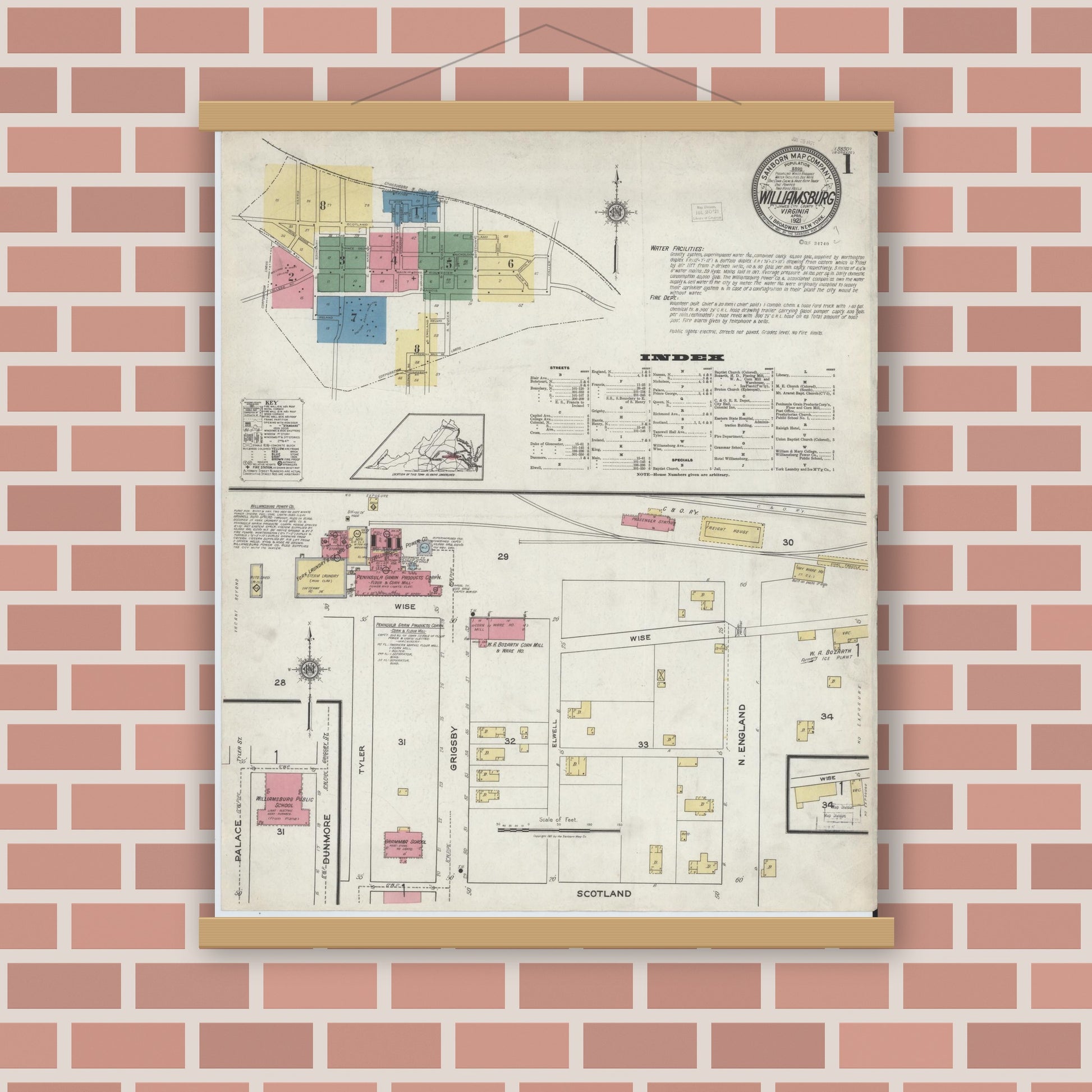 Old map wall art mockup — magnetic wood frame on brick wall — Sanborn Fire Insurance Map from Williamsburg, Independent Cities, Virginia (1921) - Complete Map Set