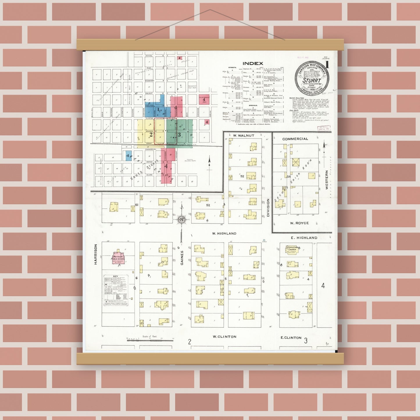 Old map wall art mockup — magnetic wood frame on brick wall — Sanborn Fire Insurance Map from Stuart, Guthrie and Adair Counties, Iowa (1909), Sheet #0001