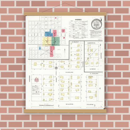 Old map wall art mockup — magnetic wood frame on brick wall — Sanborn Fire Insurance Map from Stuart, Guthrie and Adair Counties, Iowa (1909), Sheet #0001