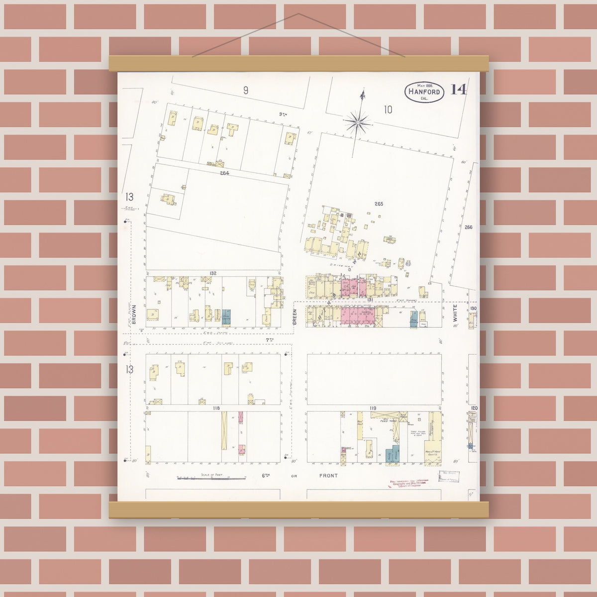 Old map wall art mockup — magnetic wood frame on brick wall — Sanborn Fire Insurance Map from Hanford, Kings County, California (1898), Sheet #0014