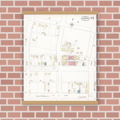 Old map wall art mockup — magnetic wood frame on brick wall — Sanborn Fire Insurance Map from Hanford, Kings County, California (1898), Sheet #0014