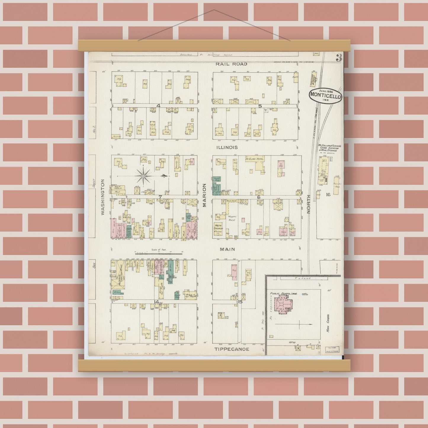 Old map wall art mockup — magnetic wood frame on brick wall — Sanborn Fire Insurance Map from Monticello, White County, Indiana (1886), Sheet #0003