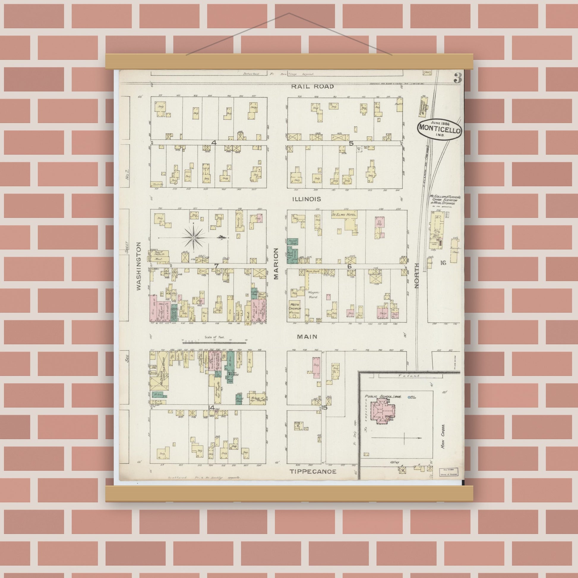 Old map wall art mockup — magnetic wood frame on brick wall — Sanborn Fire Insurance Map from Monticello, White County, Indiana (1886), Sheet #0003