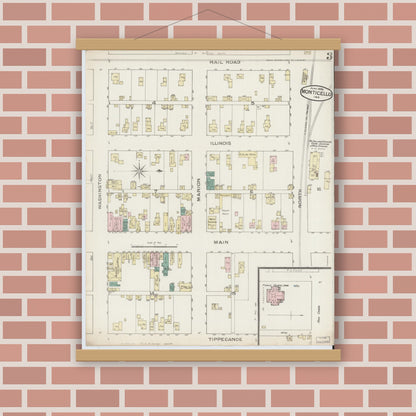 Old map wall art mockup — magnetic wood frame on brick wall — Sanborn Fire Insurance Map from Monticello, White County, Indiana (1886), Sheet #0003