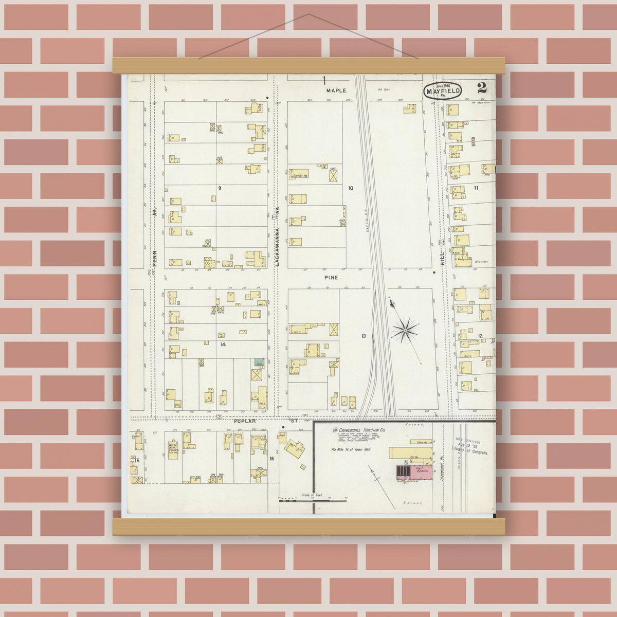 Old map wall art mockup — magnetic wood frame on brick wall — Sanborn Fire Insurance Map from Mayfield, Lackawanna County, Pennsylvania (1896), Sheet #0002