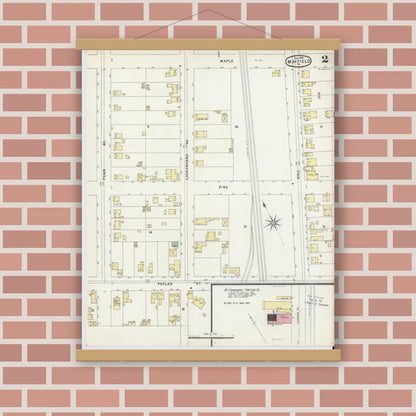 Old map wall art mockup — magnetic wood frame on brick wall — Sanborn Fire Insurance Map from Mayfield, Lackawanna County, Pennsylvania (1896), Sheet #0002