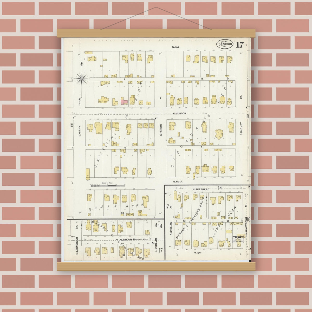 Old map wall art mockup — magnetic wood frame on brick wall — Sanborn Fire Insurance Map from Denison, Grayson County, Texas (1903), Sheet #0017