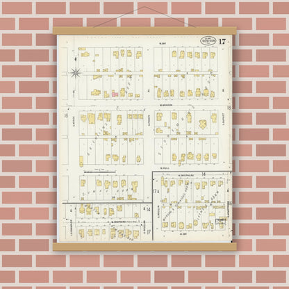 Old map wall art mockup — magnetic wood frame on brick wall — Sanborn Fire Insurance Map from Denison, Grayson County, Texas (1903), Sheet #0017