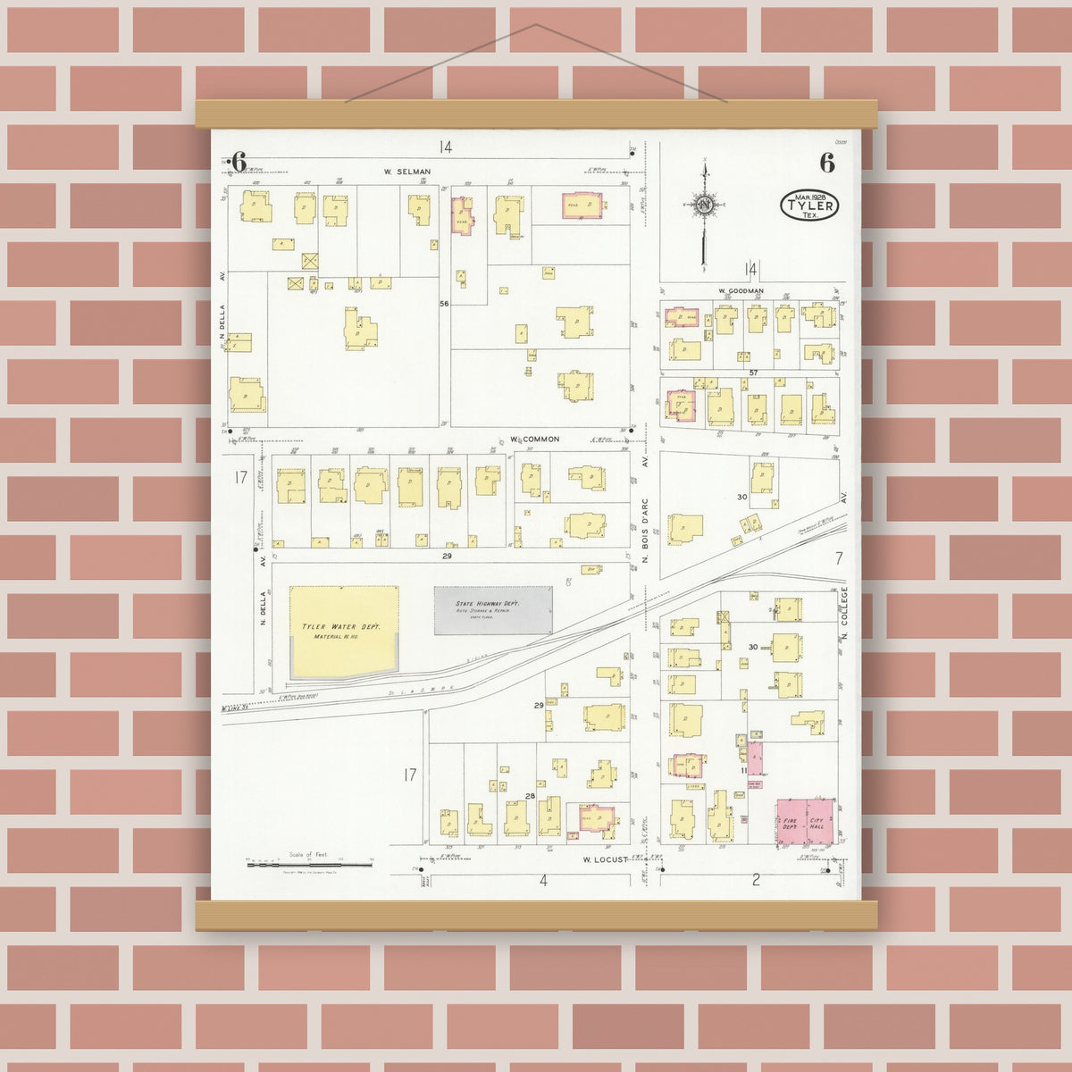 Old map wall art mockup — magnetic wood frame on brick wall — Sanborn Fire Insurance Map from Tyler, Smith County, Texas (1928), Sheet #0006