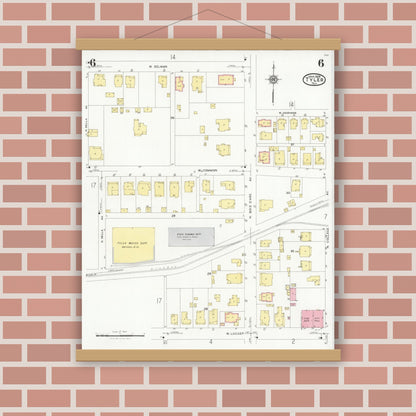 Old map wall art mockup — magnetic wood frame on brick wall — Sanborn Fire Insurance Map from Tyler, Smith County, Texas (1928), Sheet #0006