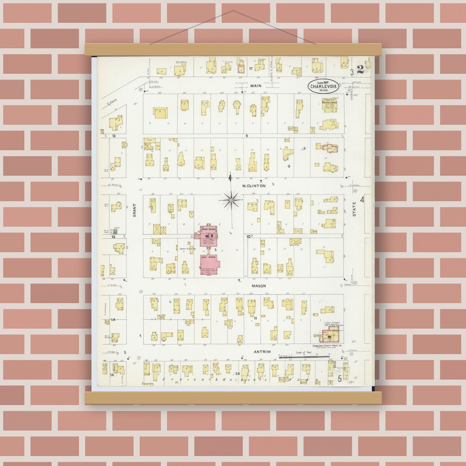 Old map wall art mockup — magnetic wood frame on brick wall — Sanborn Fire Insurance Map from Charlevoix, Charlevoix County, Michigan (1907), Sheet #0002