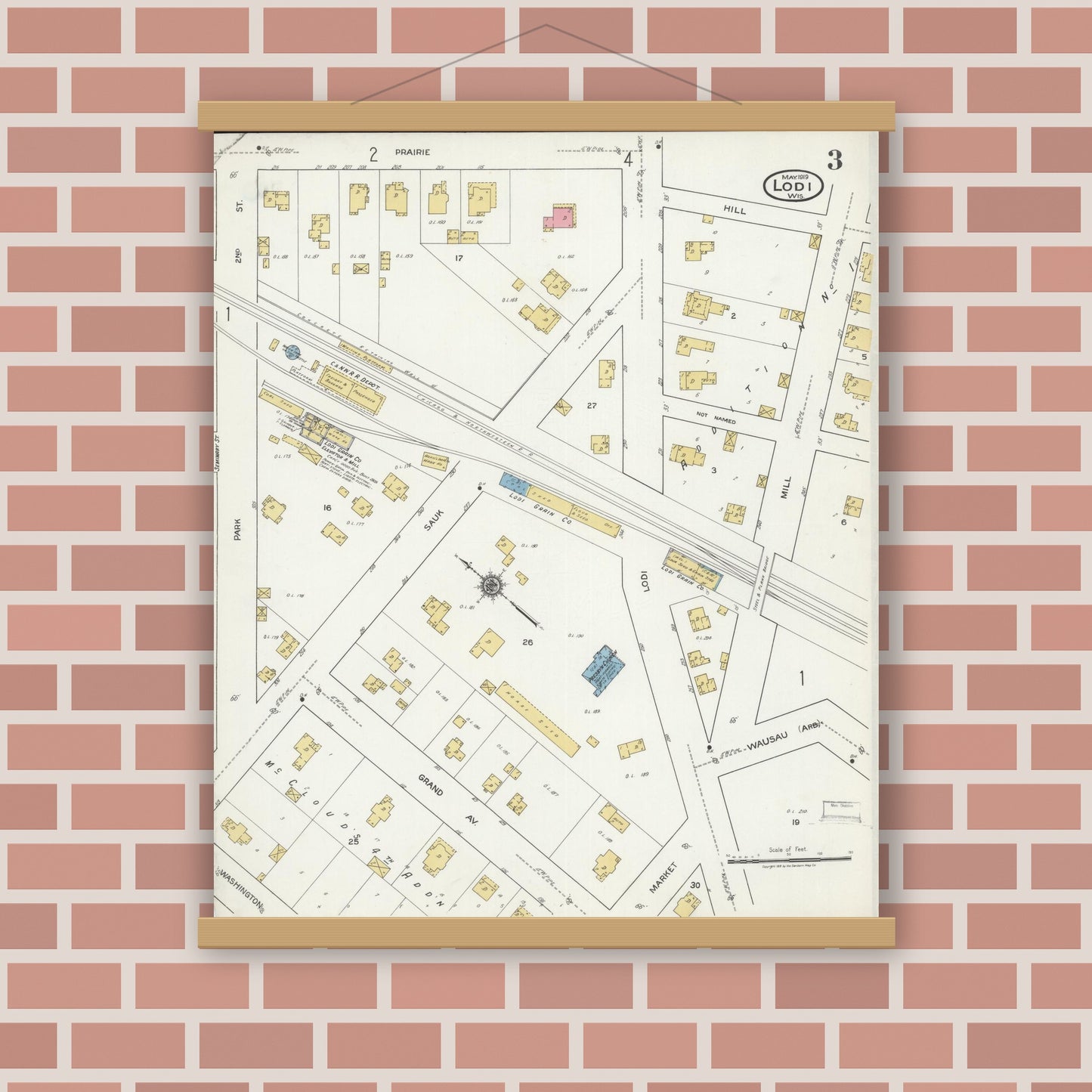 Old map wall art mockup — magnetic wood frame on brick wall — Sanborn Fire Insurance Map from Lodi, Columbia County, Wisconsin (1919), Sheet #0003