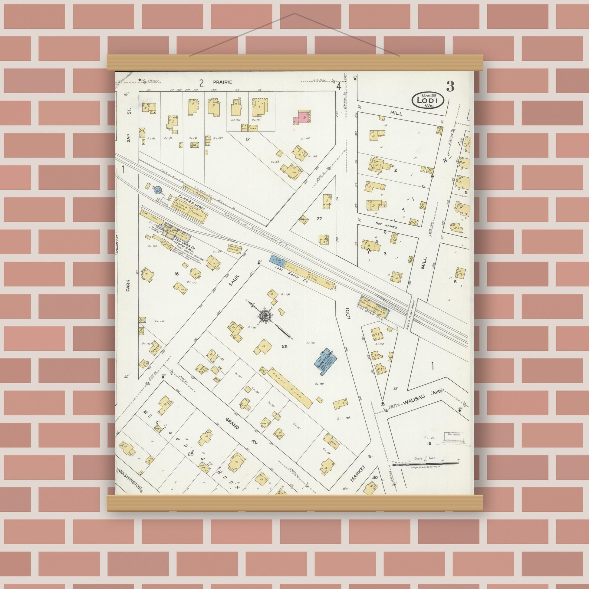 Old map wall art mockup — magnetic wood frame on brick wall — Sanborn Fire Insurance Map from Lodi, Columbia County, Wisconsin (1919), Sheet #0003