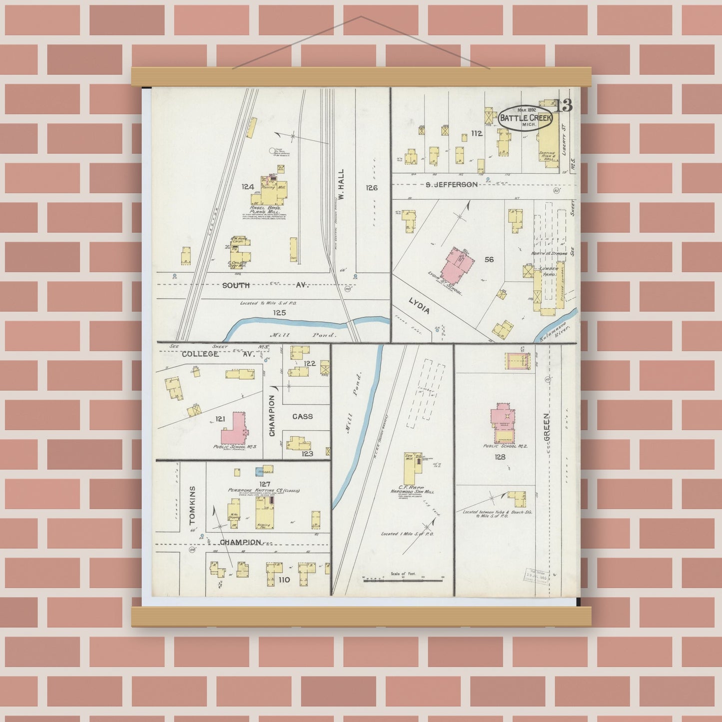 Old map wall art mockup — magnetic wood frame on brick wall — Sanborn Fire Insurance Map from Battle Creek, Calhoun County, Michigan (1892), Sheet #0013