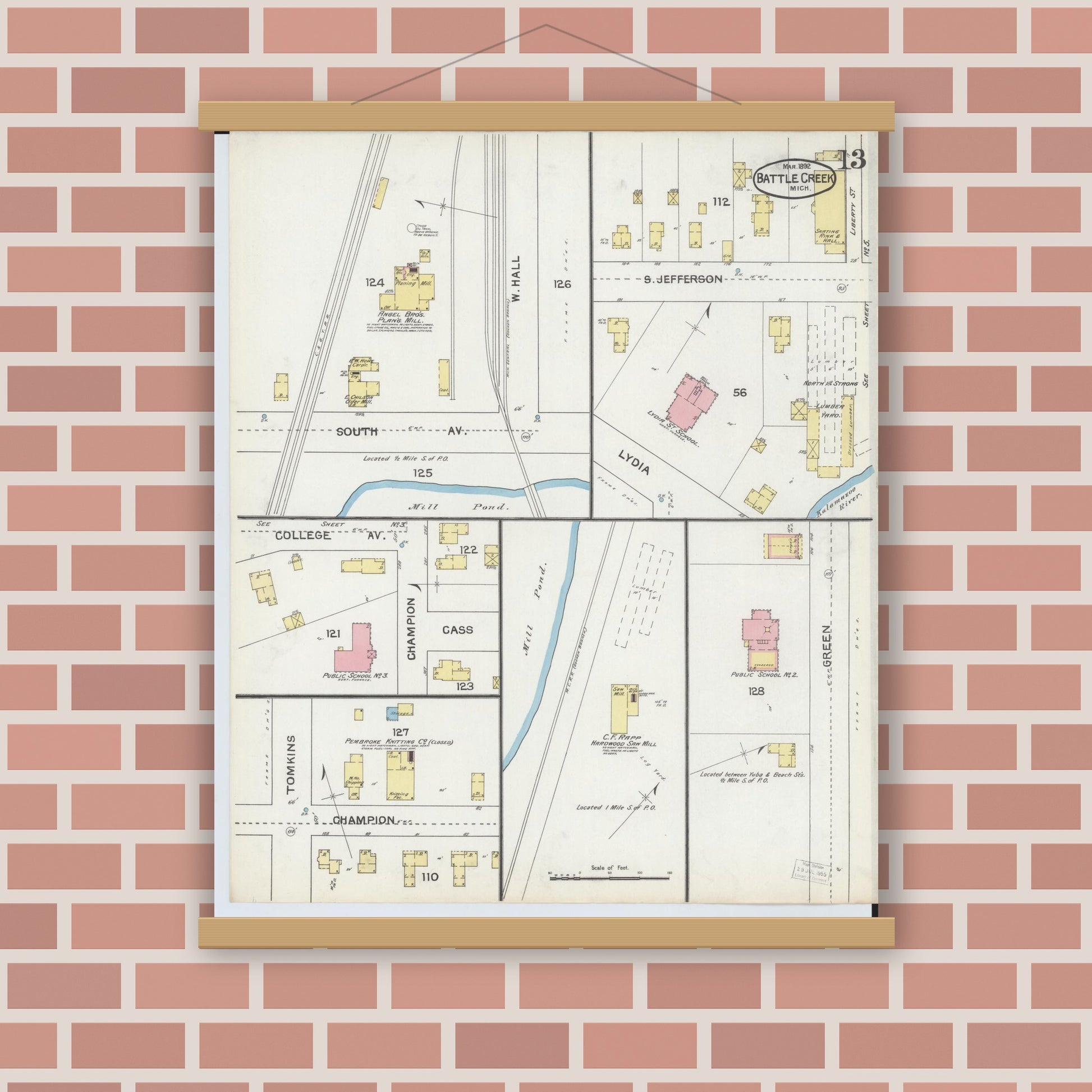 Old map wall art mockup — magnetic wood frame on brick wall — Sanborn Fire Insurance Map from Battle Creek, Calhoun County, Michigan (1892), Sheet #0013