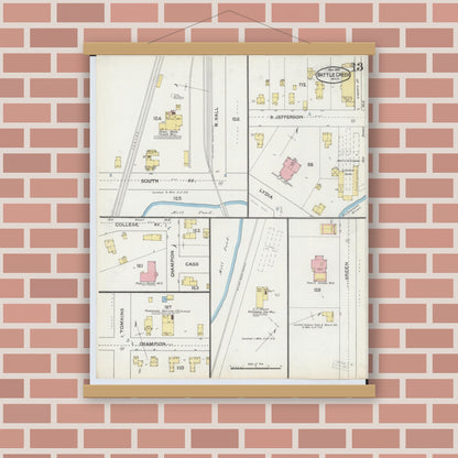 Old map wall art mockup — magnetic wood frame on brick wall — Sanborn Fire Insurance Map from Battle Creek, Calhoun County, Michigan (1892), Sheet #0013