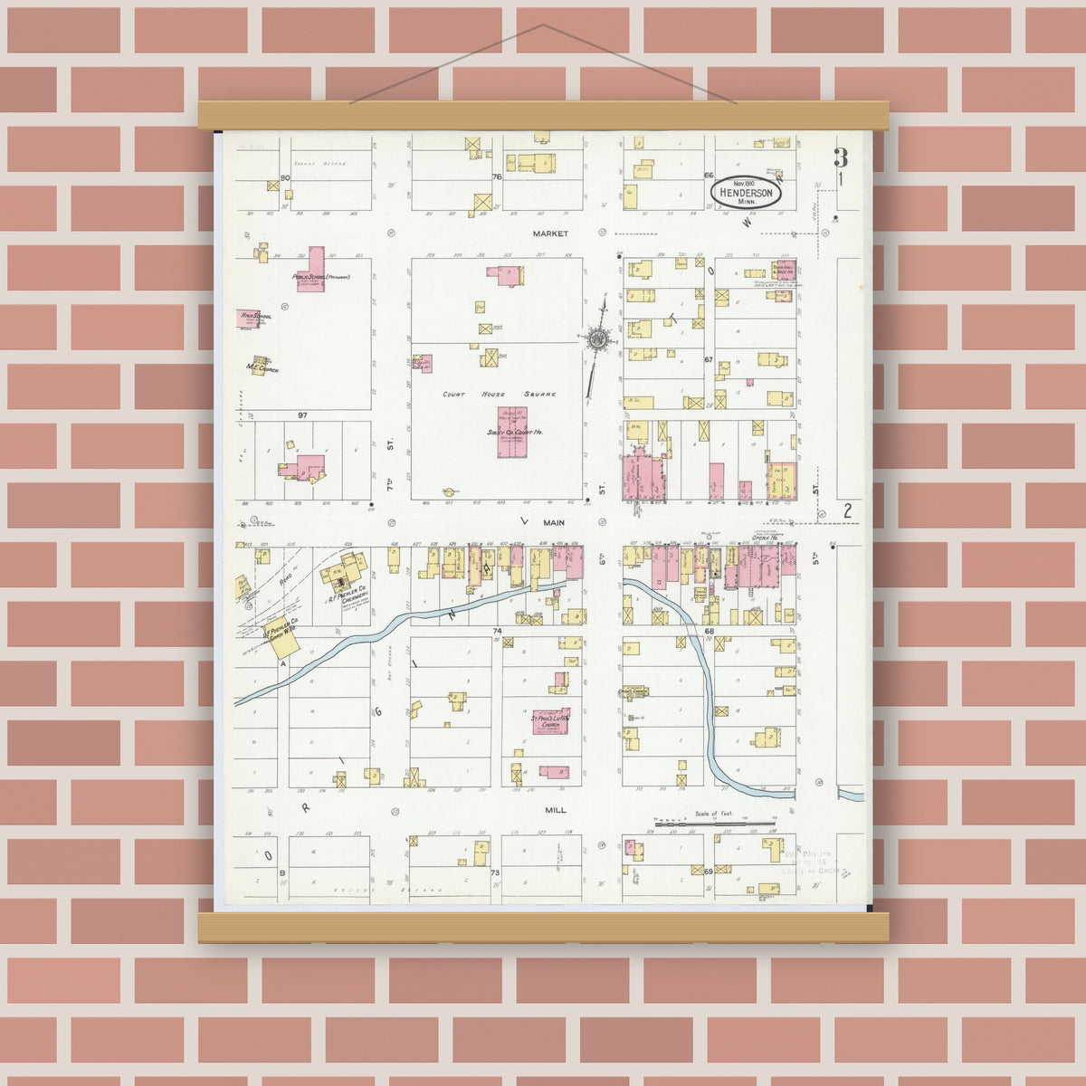 Old map wall art mockup — magnetic wood frame on brick wall — Sanborn Fire Insurance Map from Henderson, Sibley County, Minnesota (1910), Sheet #0003