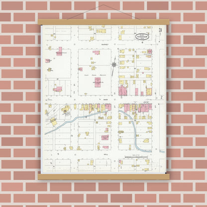 Old map wall art mockup — magnetic wood frame on brick wall — Sanborn Fire Insurance Map from Henderson, Sibley County, Minnesota (1910), Sheet #0003