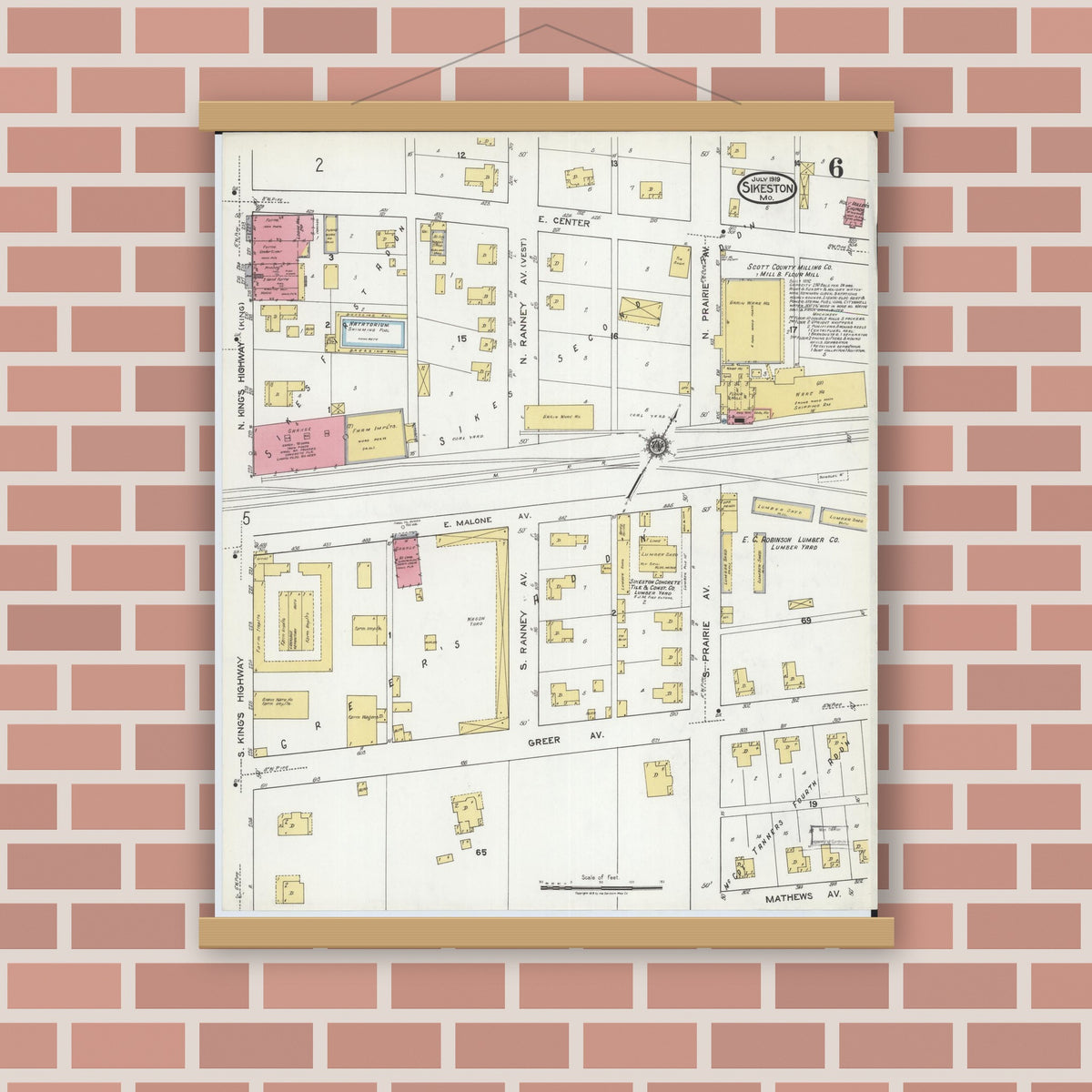 Old map wall art mockup — magnetic wood frame on brick wall — Sanborn Fire Insurance Map from Sikeston, Scott County, Missouri (1919), Sheet #0006