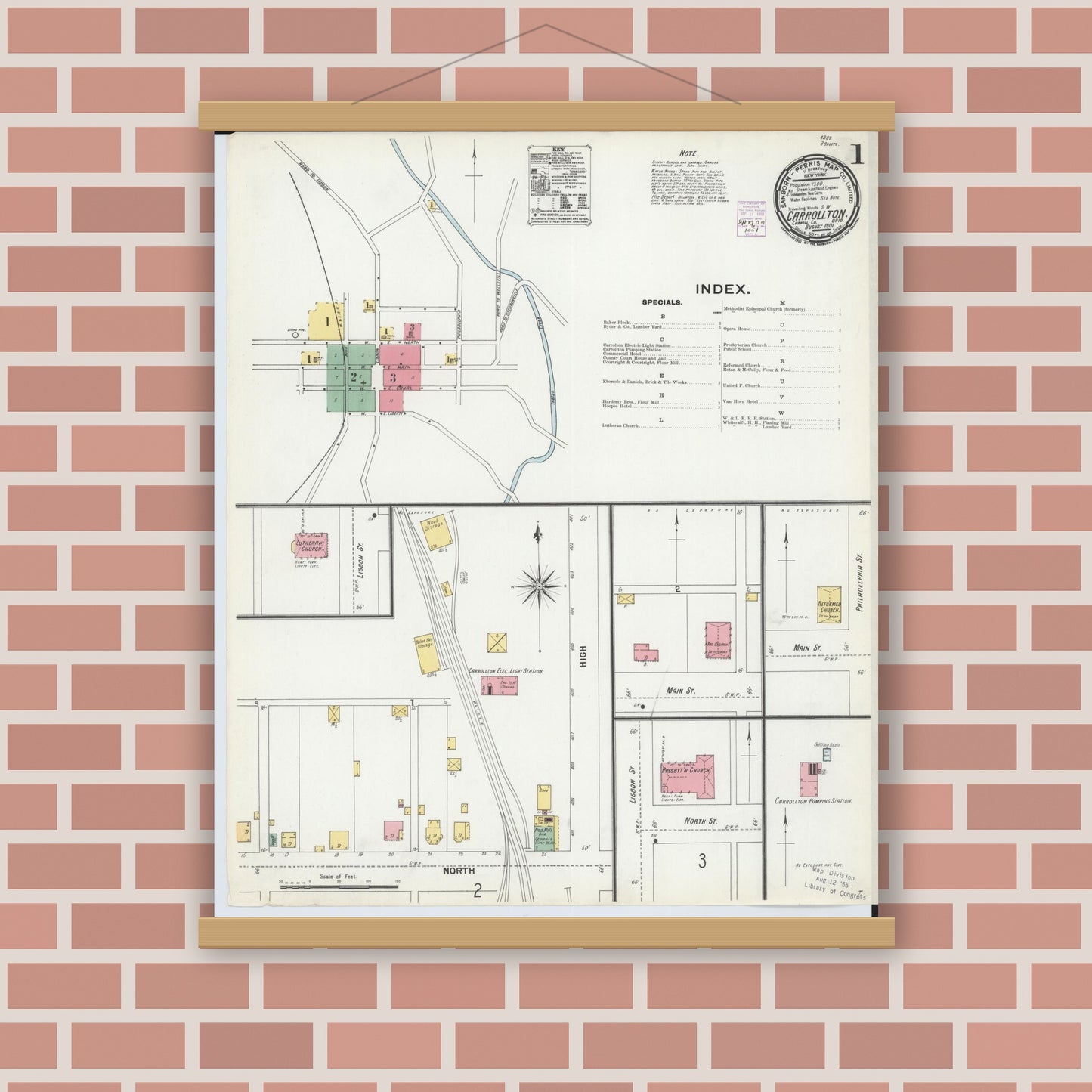 Old map wall art mockup — magnetic wood frame on brick wall — Sanborn Fire Insurance Map from Carrollton, Carroll County, Ohio (1901), Sheet #0001