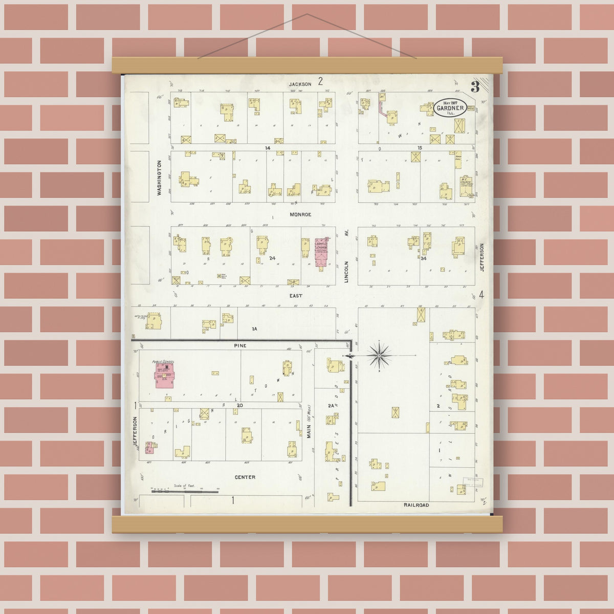 Old map wall art mockup — magnetic wood frame on brick wall — Sanborn Fire Insurance Map from Gardner, Grundy County, Illinois (1907), Sheet #0003
