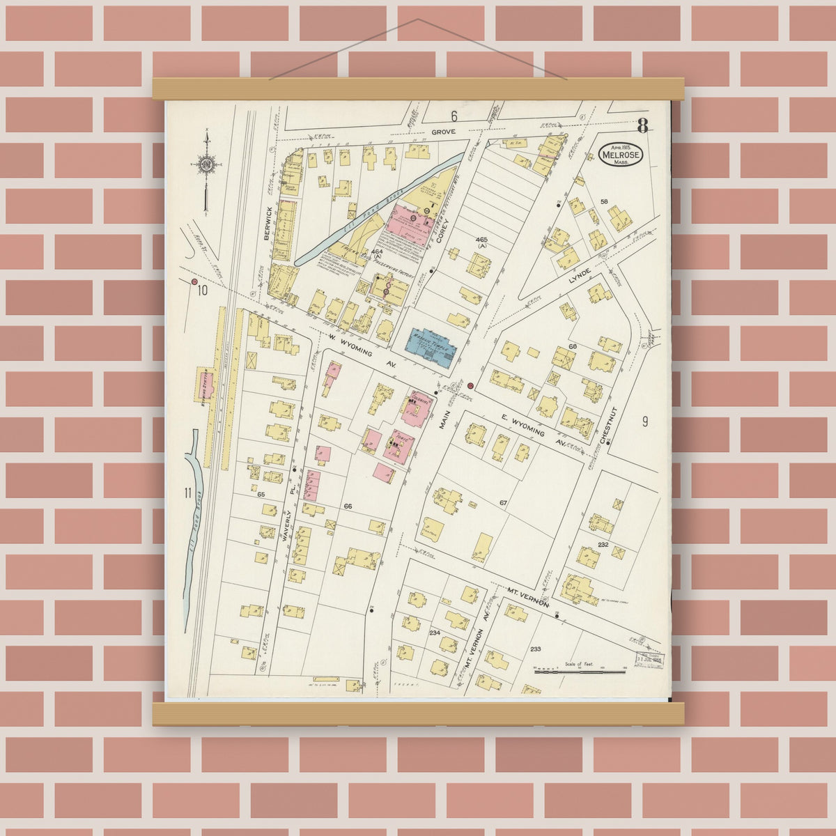 Old map wall art mockup — magnetic wood frame on brick wall — Sanborn Fire Insurance Map from Melrose, Middlesex County, Massachusetts (1915), Sheet #0008