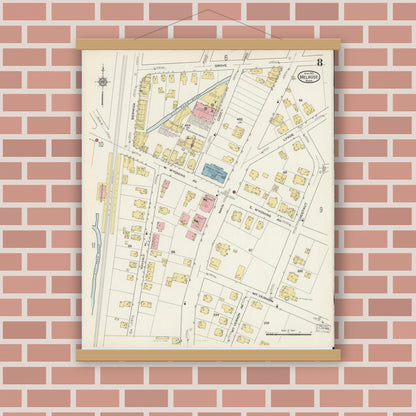 Old map wall art mockup — magnetic wood frame on brick wall — Sanborn Fire Insurance Map from Melrose, Middlesex County, Massachusetts (1915), Sheet #0008