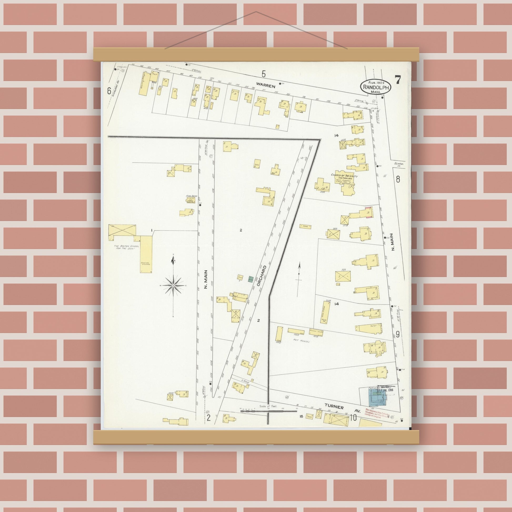 Old map wall art mockup — magnetic wood frame on brick wall — Sanborn Fire Insurance Map from Randolph, Norfolk County, Massachusetts (1909), Sheet #0007