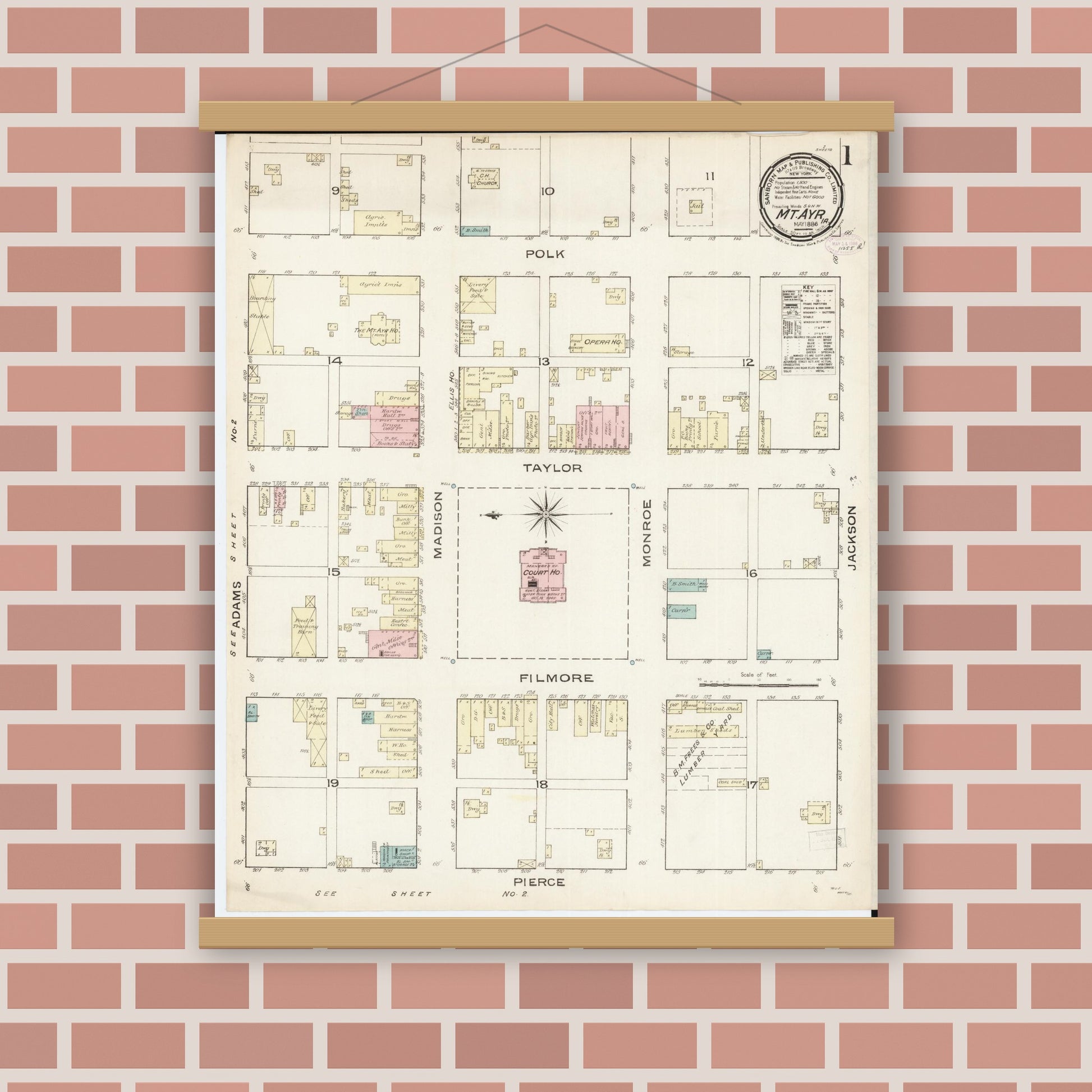 Old map wall art mockup — magnetic wood frame on brick wall — Sanborn Fire Insurance Map from Mount Ayr, Ringgold County, Iowa (1886) â€” Complete Set