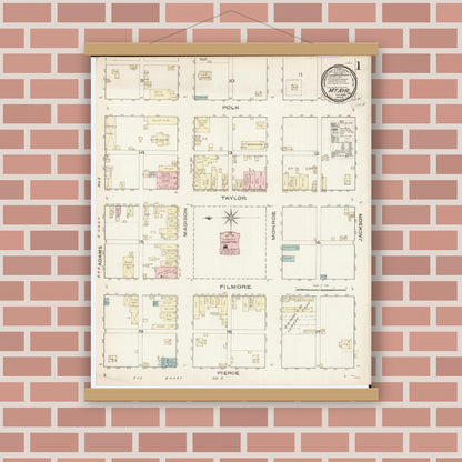 Old map wall art mockup — magnetic wood frame on brick wall — Sanborn Fire Insurance Map from Mount Ayr, Ringgold County, Iowa (1886) â€” Complete Set