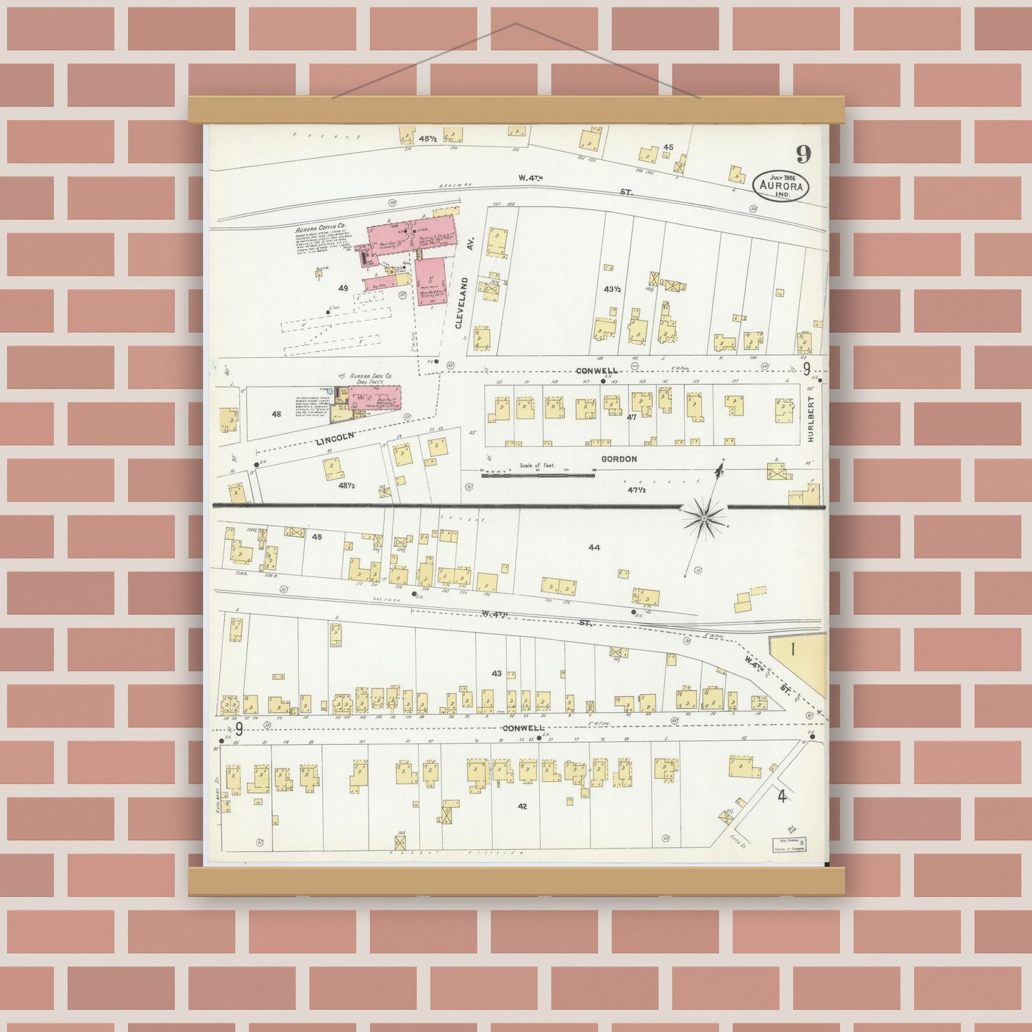 Old map wall art mockup — magnetic wood frame on brick wall — Sanborn Fire Insurance Map from Aurora, Dearborn County, Indiana (1906), Sheet #0009