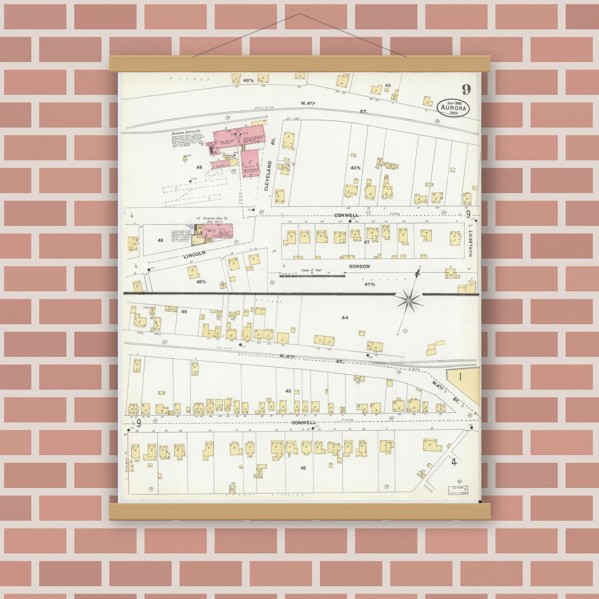 Old map wall art mockup — magnetic wood frame on brick wall — Sanborn Fire Insurance Map from Aurora, Dearborn County, Indiana (1906), Sheet #0009
