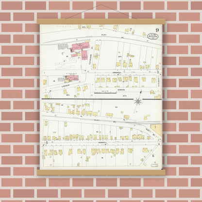 Old map wall art mockup — magnetic wood frame on brick wall — Sanborn Fire Insurance Map from Aurora, Dearborn County, Indiana (1906), Sheet #0009