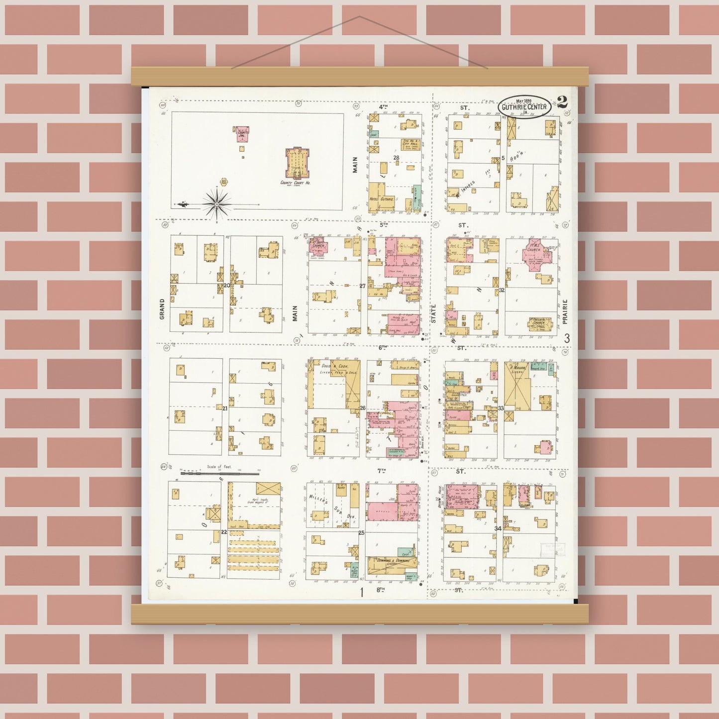Old map wall art mockup — magnetic wood frame on brick wall — Sanborn Fire Insurance Map from Guthrie Center, Guthrie County, Iowa (1899), Sheet #0002