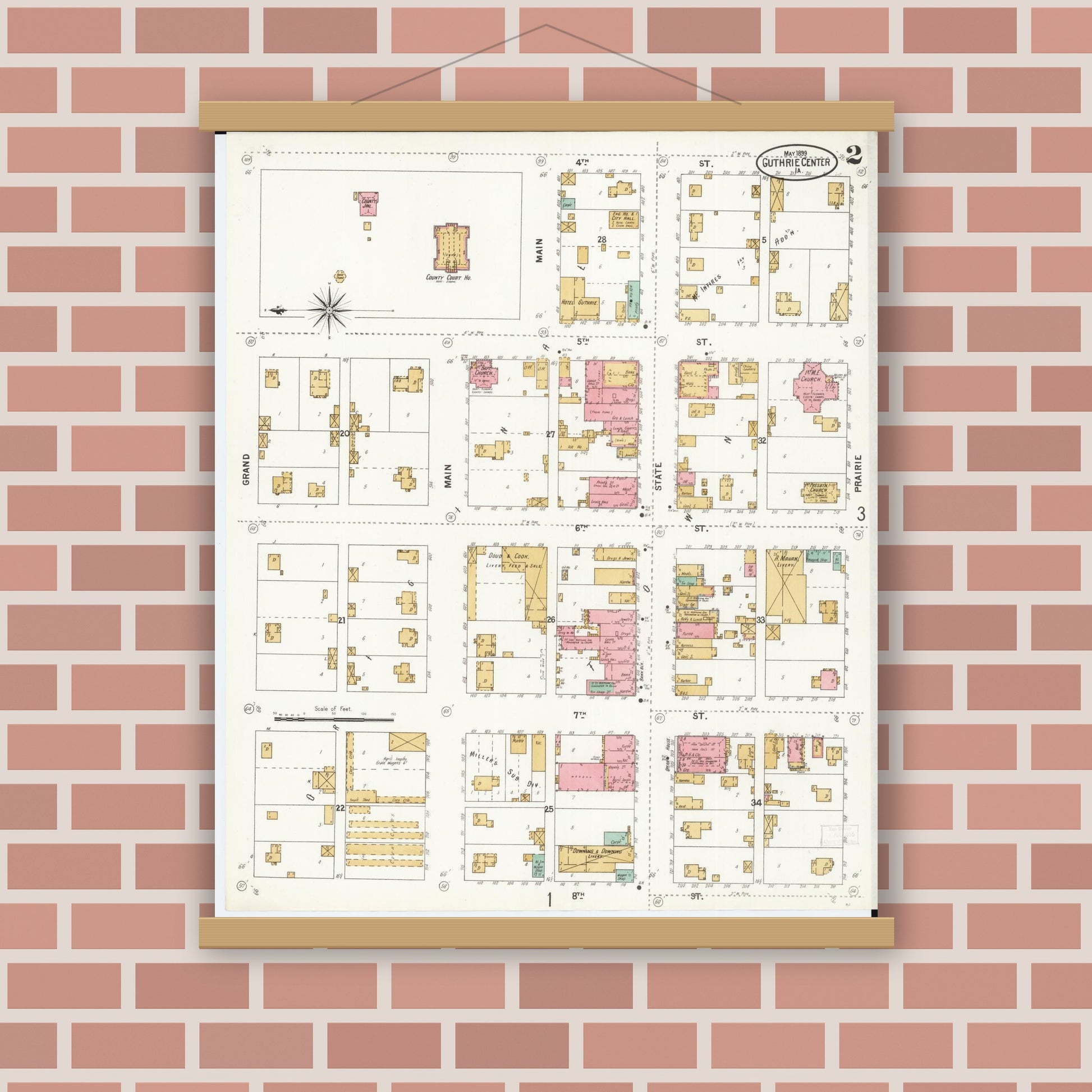 Old map wall art mockup — magnetic wood frame on brick wall — Sanborn Fire Insurance Map from Guthrie Center, Guthrie County, Iowa (1899), Sheet #0002