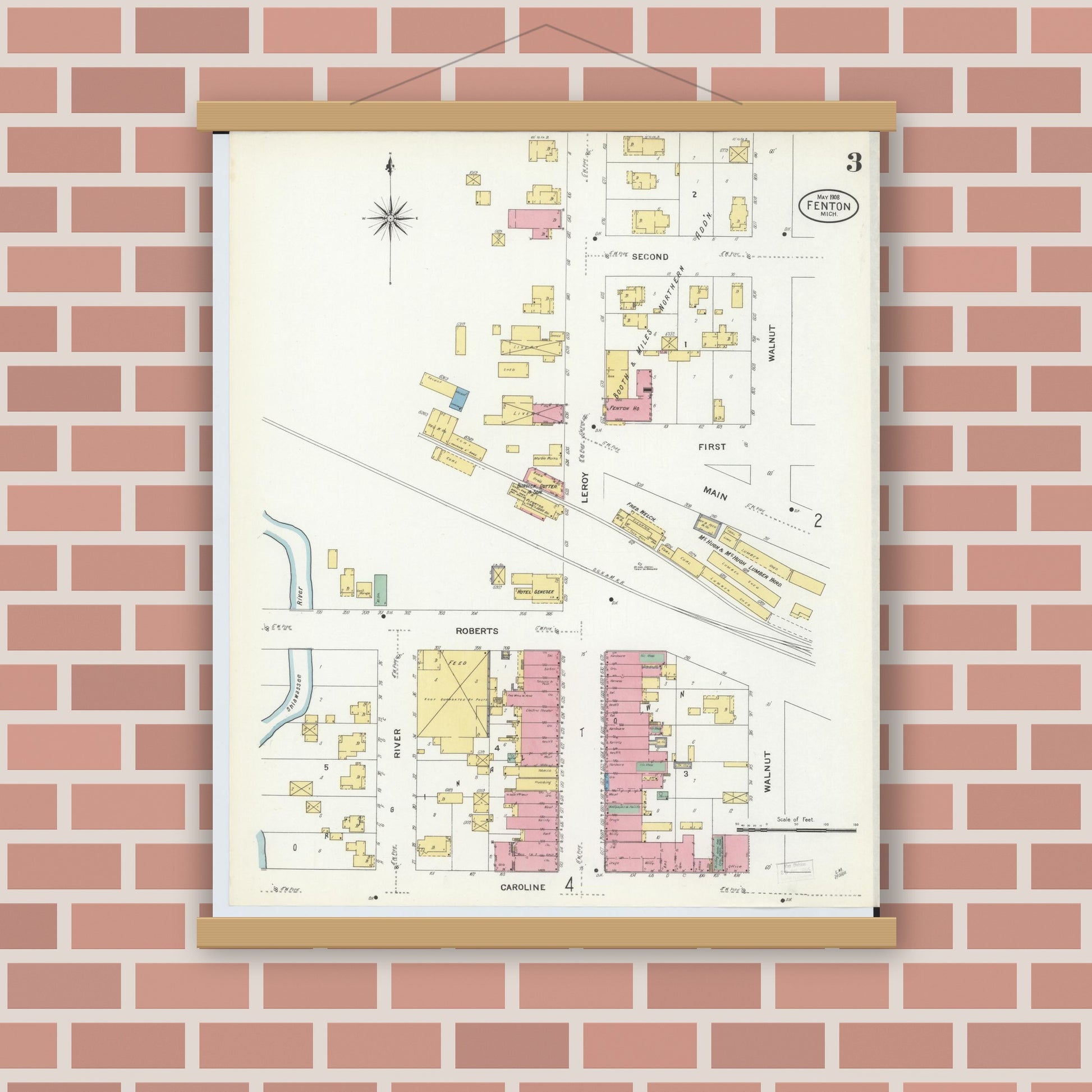Old map wall art mockup — magnetic wood frame on brick wall — Sanborn Fire Insurance Map from Fenton, Genesee County, Michigan (1908), Sheet #0003