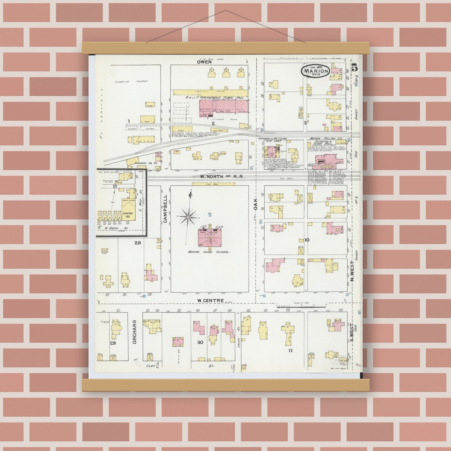 Old map wall art mockup — magnetic wood frame on brick wall — Sanborn Fire Insurance Map from Marion, Marion County, Ohio (1892), Sheet #0005