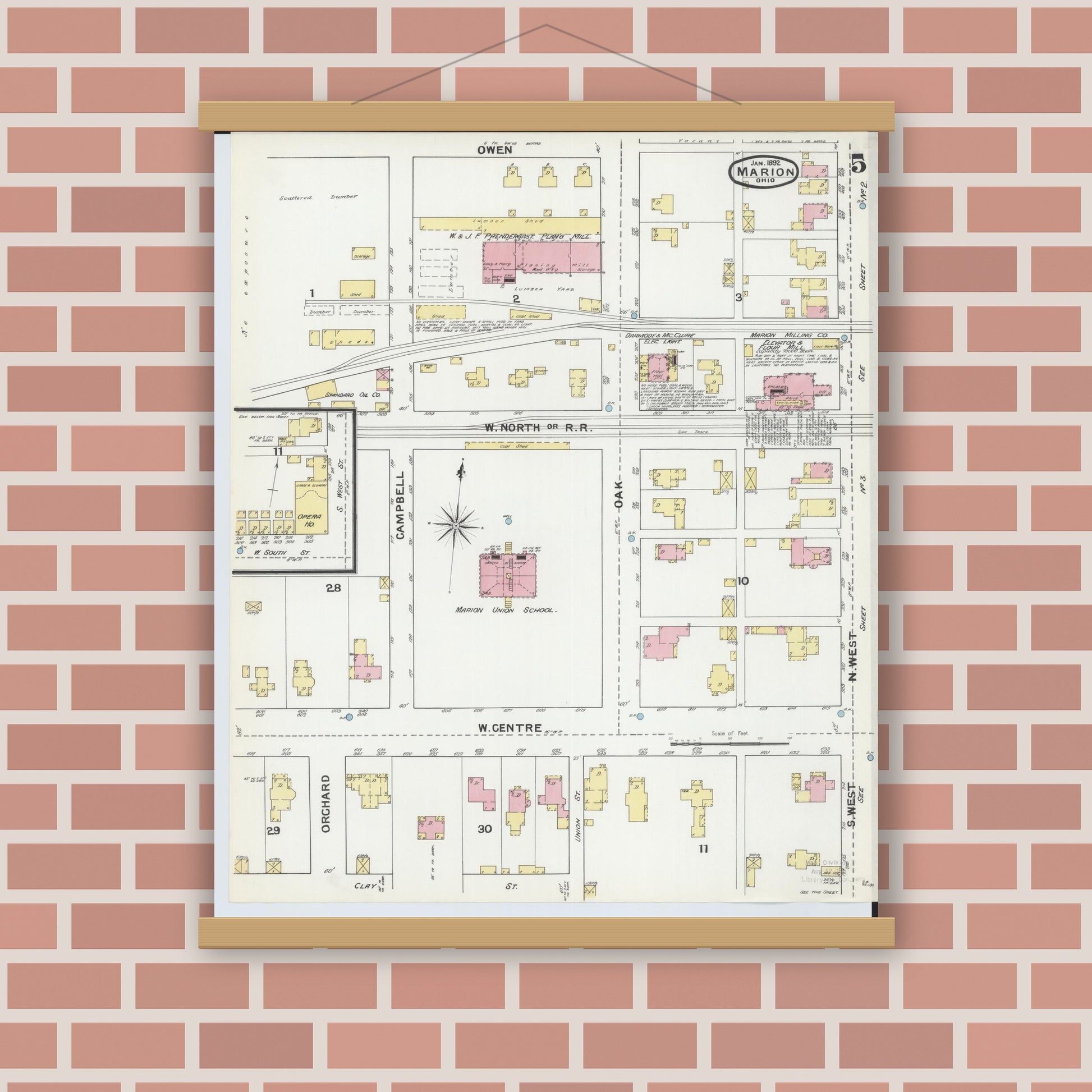 Old map wall art mockup — magnetic wood frame on brick wall — Sanborn Fire Insurance Map from Marion, Marion County, Ohio (1892), Sheet #0005