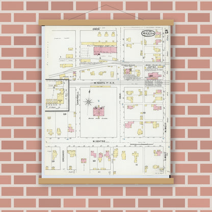 Old map wall art mockup — magnetic wood frame on brick wall — Sanborn Fire Insurance Map from Marion, Marion County, Ohio (1892), Sheet #0005