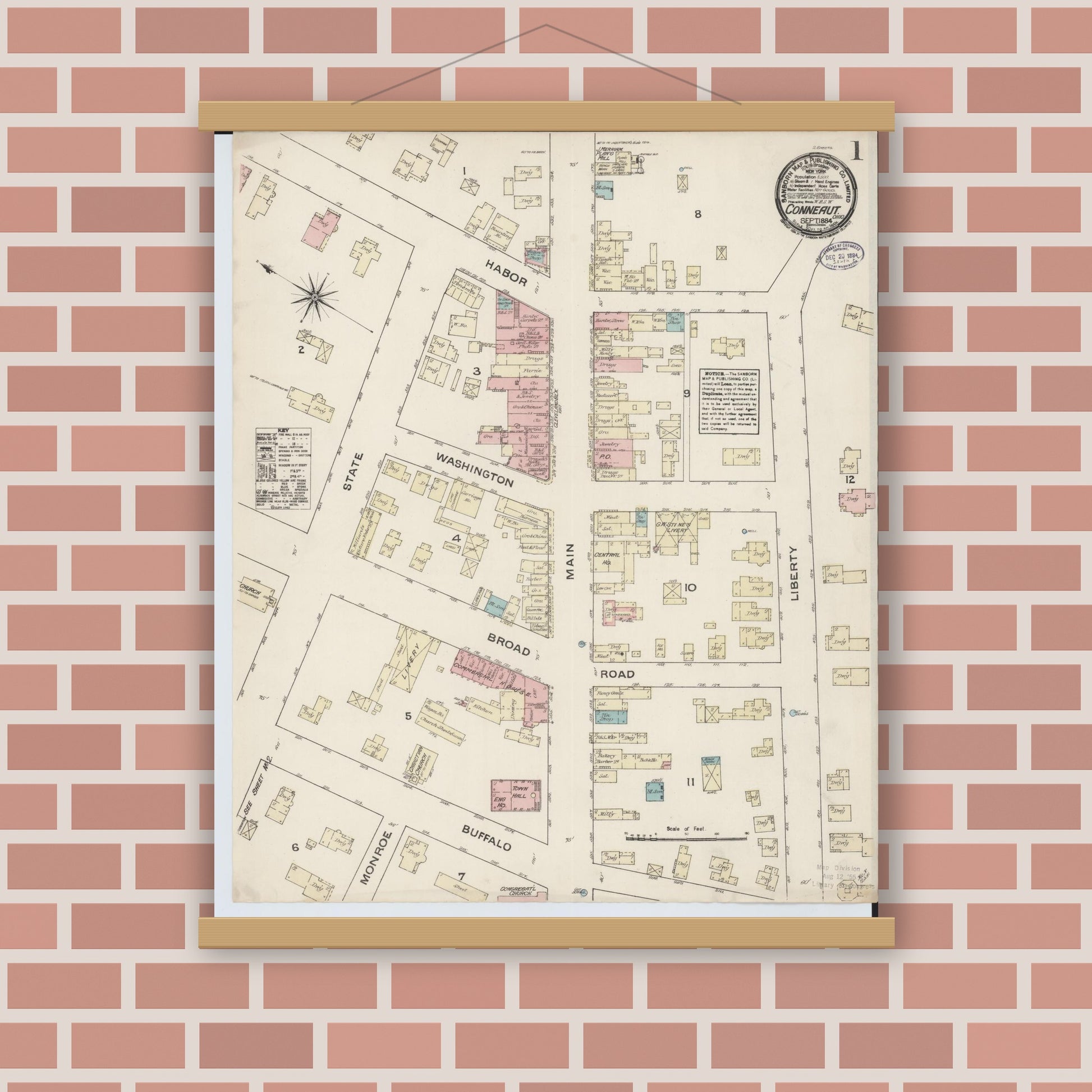 Old map wall art mockup — magnetic wood frame on brick wall — Sanborn Fire Insurance Map from Conneaut, Ashtabula County, Ohio (1884) - Complete Map Set