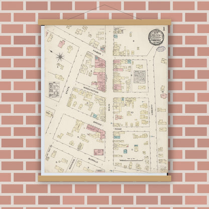 Old map wall art mockup — magnetic wood frame on brick wall — Sanborn Fire Insurance Map from Conneaut, Ashtabula County, Ohio (1884) - Complete Map Set
