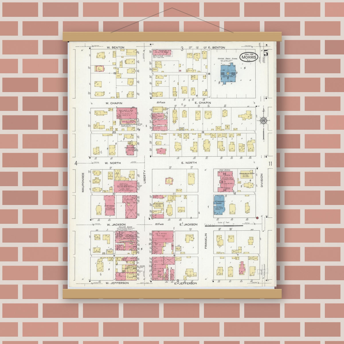 Old map wall art mockup — magnetic wood frame on brick wall — Sanborn Fire Insurance Map from Morris, Grundy County, Illinois (1916), Sheet #0005