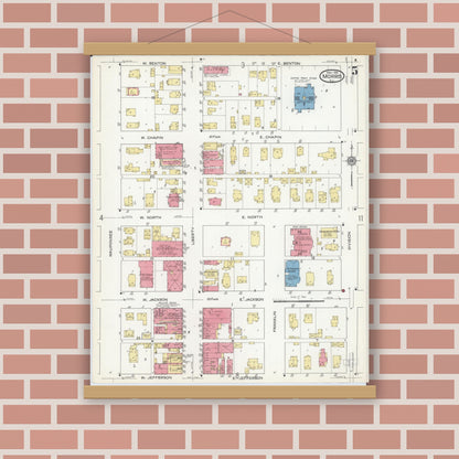 Old map wall art mockup — magnetic wood frame on brick wall — Sanborn Fire Insurance Map from Morris, Grundy County, Illinois (1916), Sheet #0005