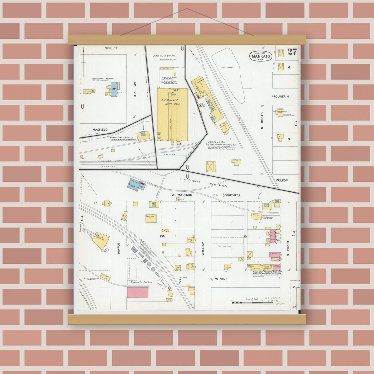 Old map wall art mockup — magnetic wood frame on brick wall — Sanborn Fire Insurance Map from Mankato, Blue Earth County, Minnesota (1900), Sheet #0027