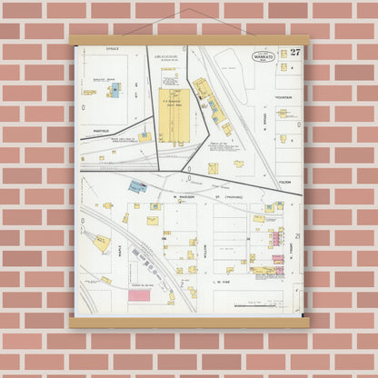 Old map wall art mockup — magnetic wood frame on brick wall — Sanborn Fire Insurance Map from Mankato, Blue Earth County, Minnesota (1900), Sheet #0027